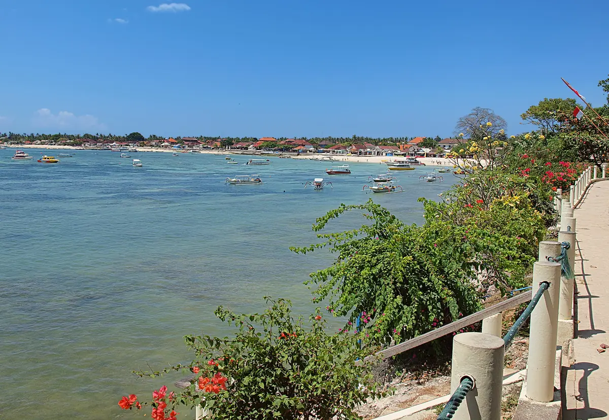 Boats anchored in turquoise water along the north coast of Nusa Lembongan, flowers in the foreground